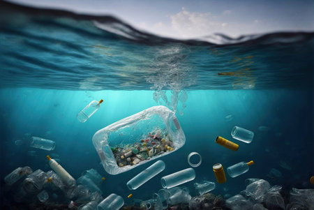 Plastic trash in the ocean. The concept of environmental pollution.の素材