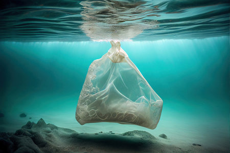 Plastic bag floating underwater in the ocean. Environmental pollution concept.の素材