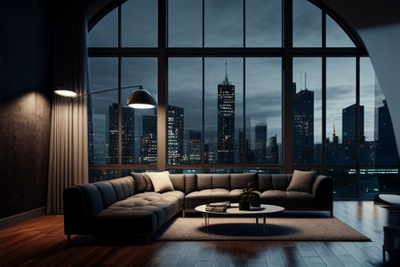 Interior of modern living room with big window and night city viewの素材