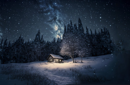 Night winter landscape with a wooden house in the forest and stars.の素材