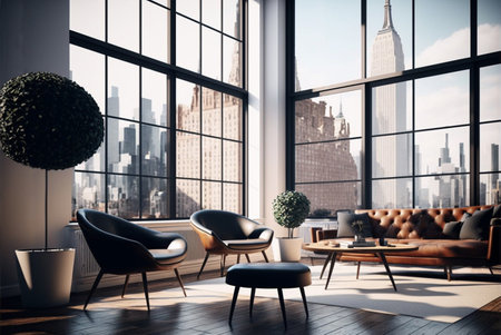 Interior of modern living room with panoramic window and city view. 3D Renderingの素材