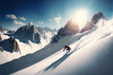 Snowboarder in the mountains on a sunny day. 3d renderingの素材