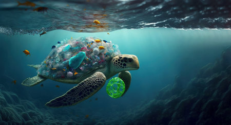 Green sea turtle in the ocean. 3d illustration. Underwater world.の素材