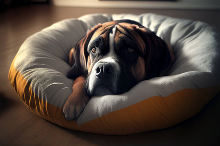 Boxer dog lying on a soft pillow in the living room.の素材