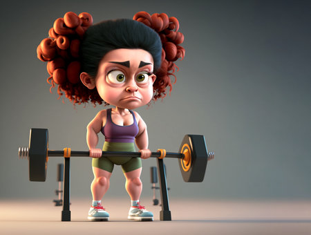 3D Illustration of a Cute Little Girl with a Dumbbellの素材