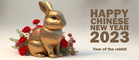 Happy New Year 2023. Greeting card with golden rabbit and flowers.の素材