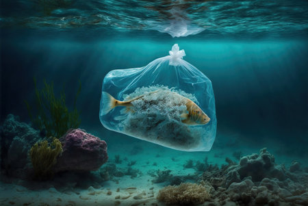 Plastic bag and fish in the ocean. Plastic pollution concept.の素材