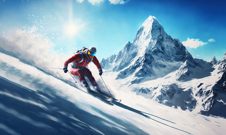 Skier skiing downhill in high mountains. 3D Rendering.の素材
