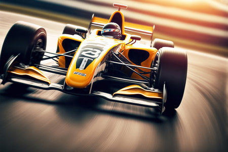 3D rendering of a formula race car with a blurred background.の素材