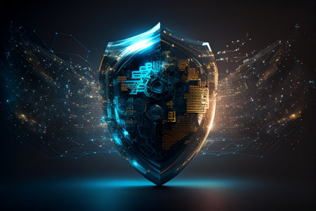 Protection concept. Shield with cyber security interface. 3D renderingの素材