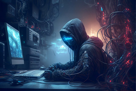 Hooded hacker stealing data from a server. 3d renderingの素材