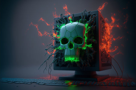 Computer monitor with a skull on the screen, 3d rendering. Computer generated image.の素材
