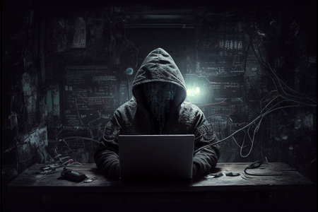 Hacker in dark room with laptop and glowing lights on wall conceptの素材