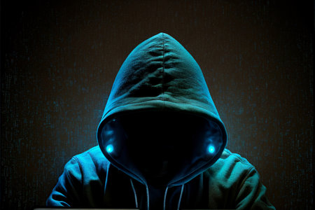 Hooded man in a dark hoodie against binary code backgroundの素材
