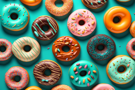 Seamless pattern with colorful donuts on turquoise backgroundの素材