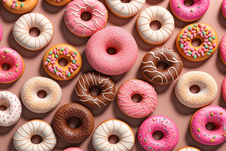 Colorful donuts background. Top view. 3d rendering.の素材