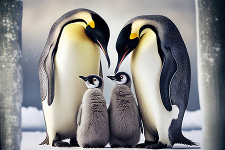 Emperor penguins with chicks on the snow, penguin familyの素材