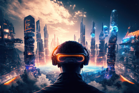 Man wearing virtual reality headset and futuristic cityscape at night. Mixed mediaの素材