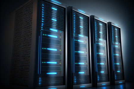 Server towers in data center. Backup, hosting, mainframe, farm and computer rack with storage information. 3d renderの素材
