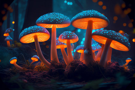 Mushrooms in the forest at night. 3D illustration.の素材