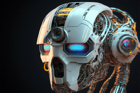 3D rendering of a female robot with artificial intelligence concept on black backgroundの素材