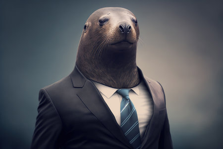 Businessman with a fur seal in a suit on a gray backgroundの素材