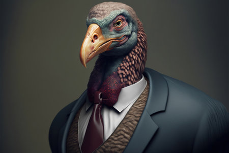 Retro style portrait of a male vulture in a suit and tieの素材