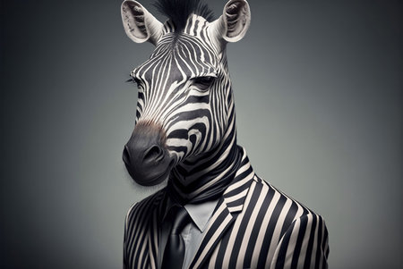 Funny portrait of a zebra in a black and white striped suitの素材