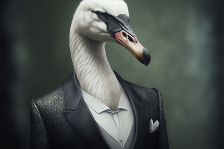 Portrait of a swan in a suit on a dark backgroundの素材