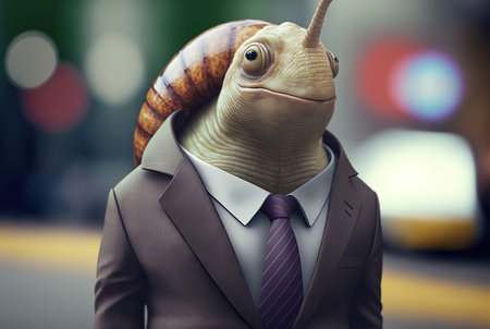 Businessman with snail head on the street. Shallow depth of fieldの素材