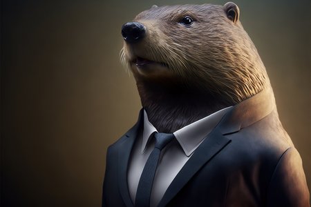Portrait of an otter in a suit on a dark backgroundの素材