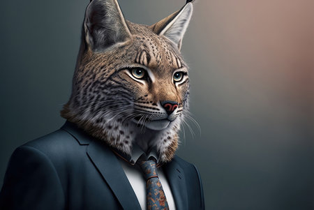 Eurasian lynx in a suit and tie on a dark background.の素材