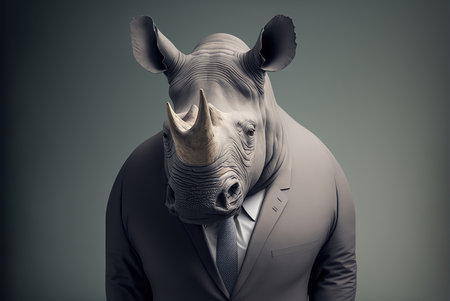 Businessman with rhinoceros head on a gray background.の素材
