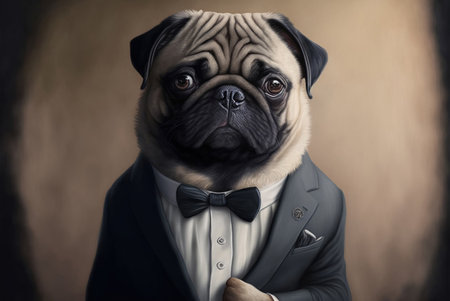 Funny pug dog in a business suit. Portrait of a pug.の素材