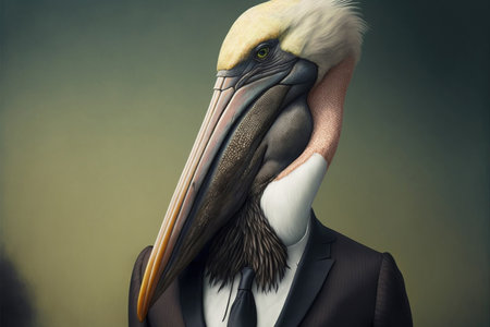 Pelican in a suit on a dark background. Portrait.の素材