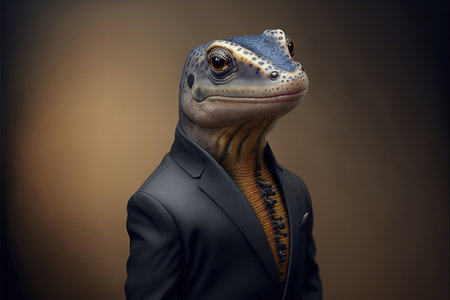 Businessman with a lizard in a suit on a dark background.の素材