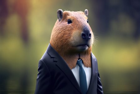Portrait of a beaver in a business suit and tie.の素材
