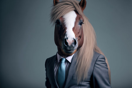 Portrait of a horse with a mane in a suit and tieの素材