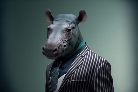 Portrait of a donkey wearing a suit and tie on a gray backgroundの素材