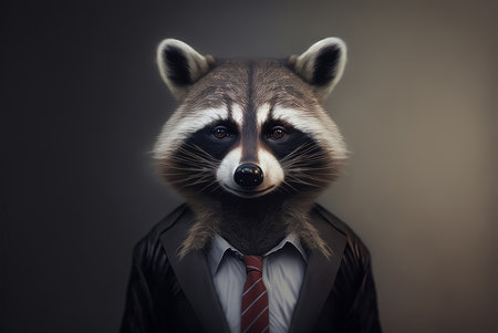 Studio portrait of a white rabbit in a suit on a dark background.の素材