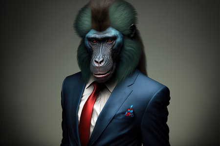 Portrait of a gorilla in a business suit and red tie.の素材