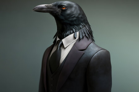 Portrait of a green lizard in a suit on a gray backgroundの素材