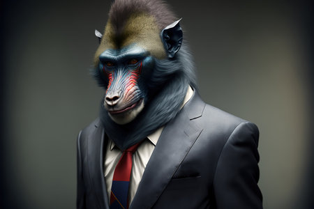 Businessman in a suit with a monkey on a gray background.の素材