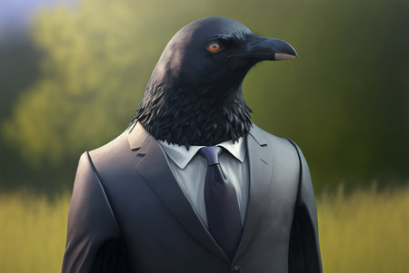 3d rendering of a black raven in a business suit and tieの素材