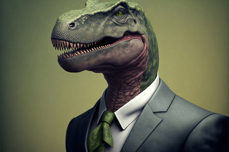 Businessman with dinosaur head and green tie. Toned image.の素材