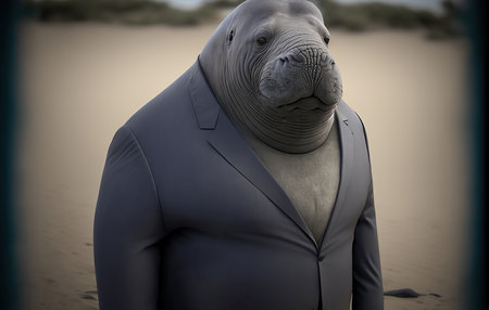 Elephant seal in a suit on the beach. 3d renderingの素材