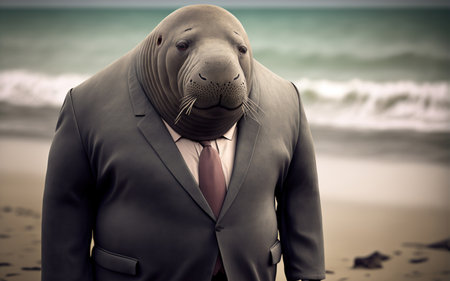 Eagle mannequin in black suit and red tie on grey backgroundの素材