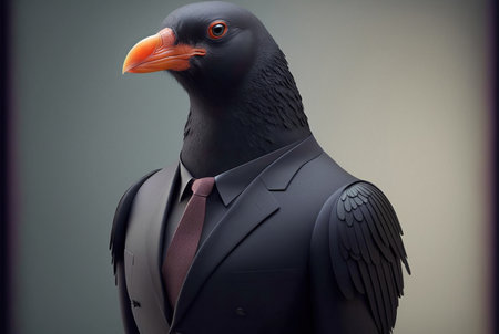 Businessman in suit and tie with a big bear head on dark backgroundの素材