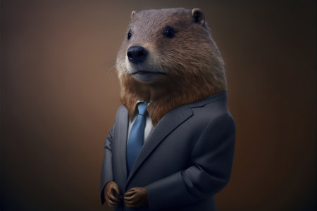 Businessman in suit and tie with lizard head on grey background.の素材