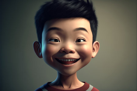 Portrait of a cute little asian boy smiling on gray backgroundの素材